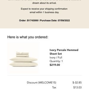 BOLL & BRANCH ivory percale 100% cotton hemmed sheet set. Size FULL